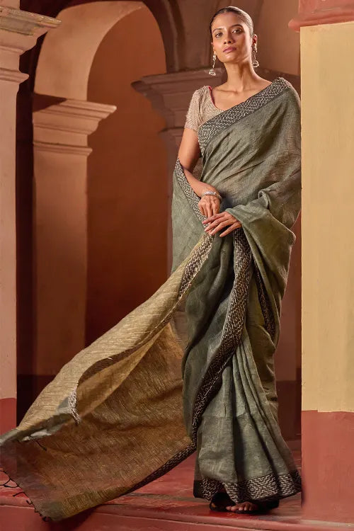The ICH Bengal Vibes. Handwoven Linen & Kantha Border Saree - Muted Grey
