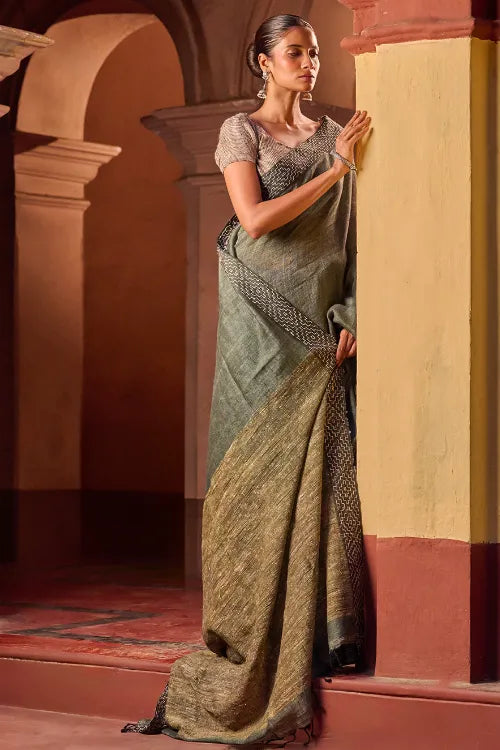 The ICH Bengal Vibes. Handwoven Linen & Kantha Border Saree - Muted Grey
