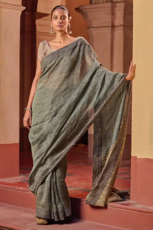 The ICH Bengal Vibes. Handwoven Linen & Kantha Border Saree - Muted Grey