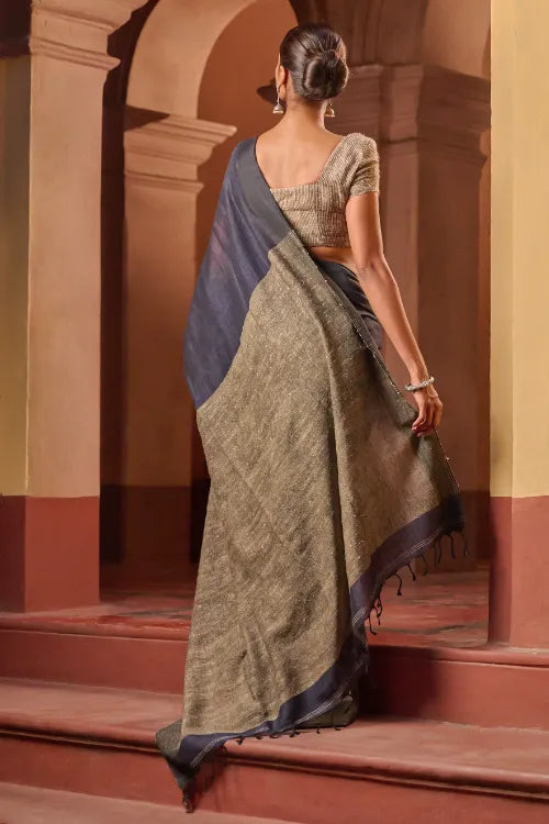 The ICH Bengal Vibes. Elegant Handwoven Patli  Linen Saree - Midnight Ash