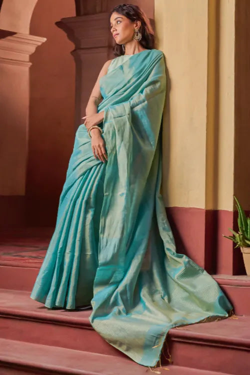 The ICH Bengal Elegance. Handwoven Tissue & Linen Saree - Turquoise Soft Gold