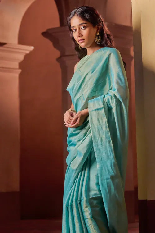 The ICH Bengal Elegance. Handwoven Tissue & Linen Saree - Turquoise Soft Gold
