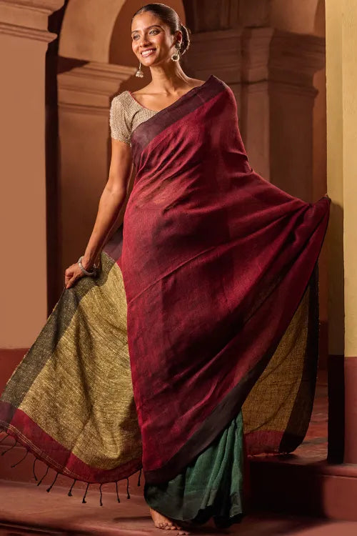 The ICH Bengal Vibes. Elegant Handwoven Patli Linen Saree - Crimson Drape