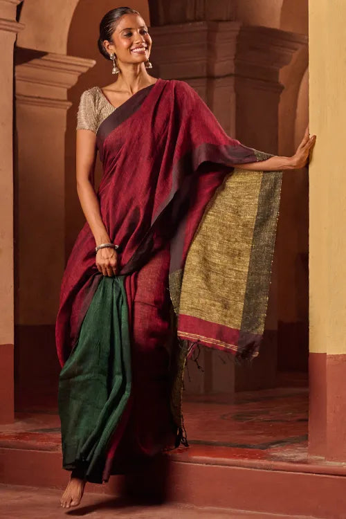 The ICH Bengal Vibes. Elegant Handwoven Patli Linen Saree - Crimson Drape