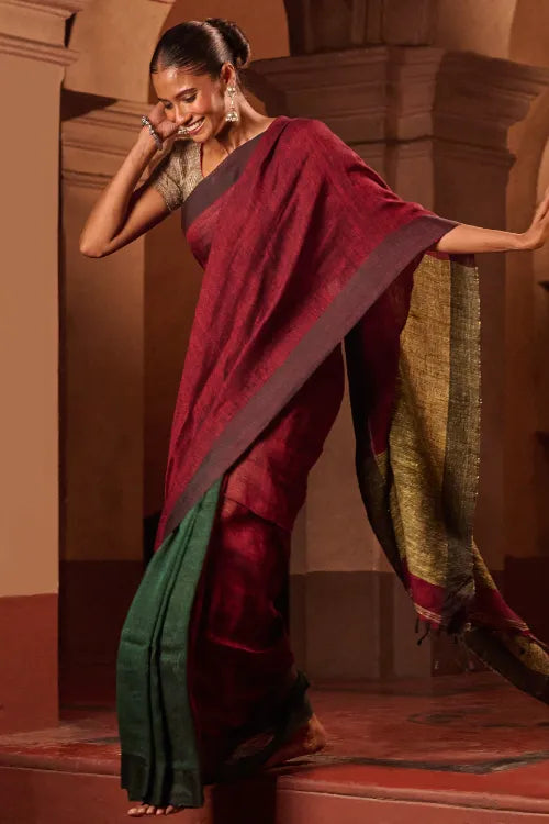 The ICH Bengal Vibes. Elegant Handwoven Patli Linen Saree - Crimson Drape