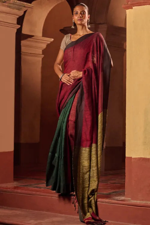 The ICH Bengal Vibes. Elegant Handwoven Patli Linen Saree - Crimson Drape
