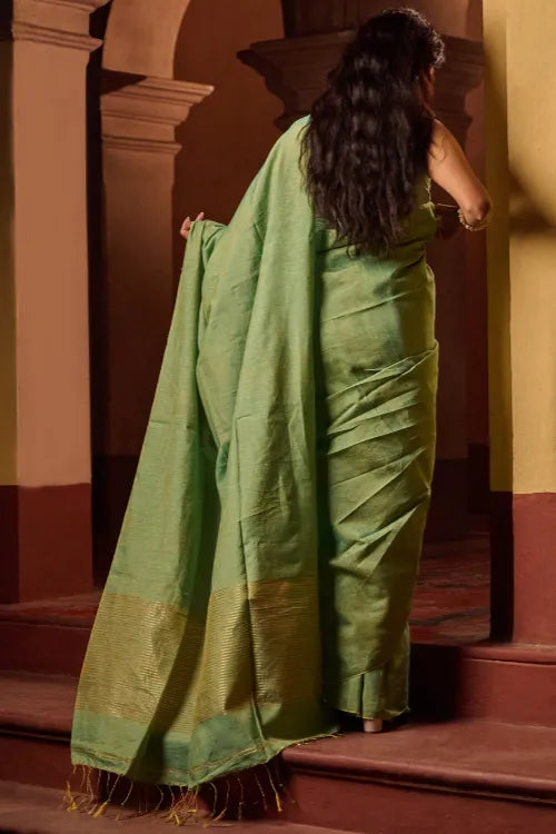 The ICH Bengal Elegance. Handwoven Tissue & Linen Saree - Sage Reverie