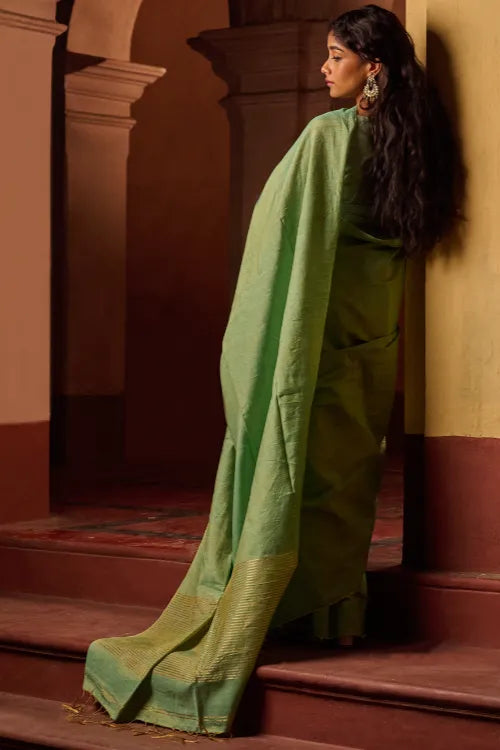 The ICH Bengal Elegance. Handwoven Tissue & Linen Saree - Sage Reverie