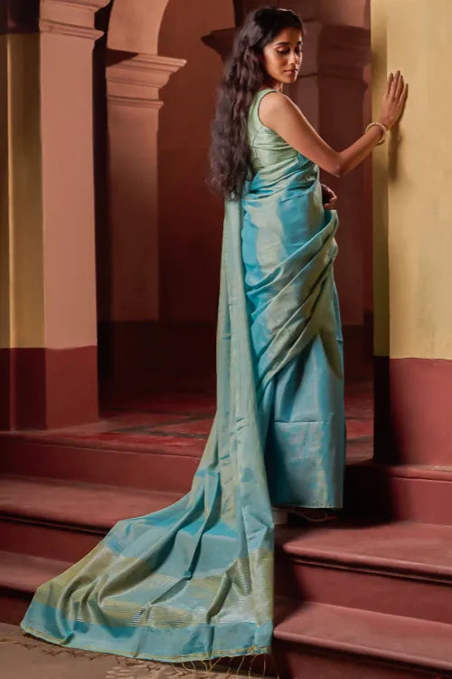 The ICH Bengal Elegance. Handwoven Tissue & Linen Saree - Mist Blue