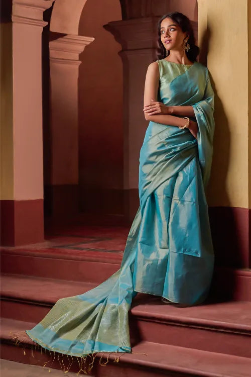 The ICH Bengal Elegance. Handwoven Tissue & Linen Saree - Mist Blue