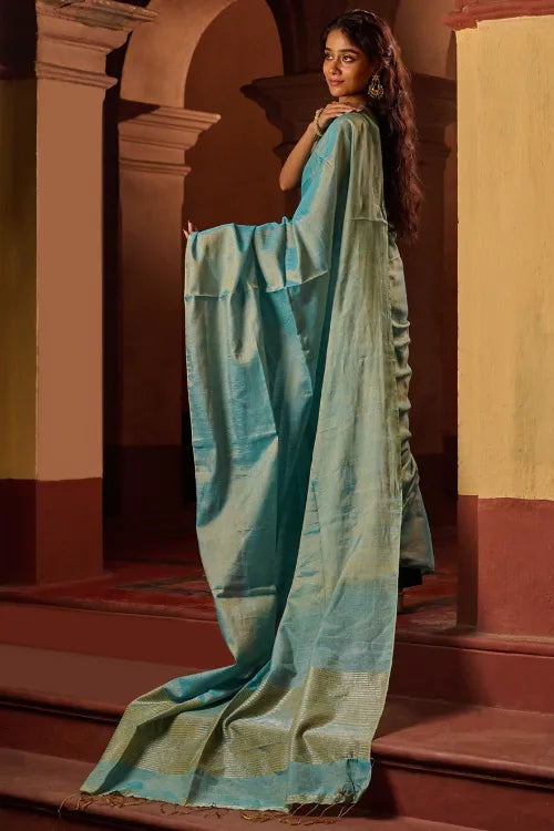 The ICH Bengal Elegance. Handwoven Tissue & Linen Saree - Mist Blue