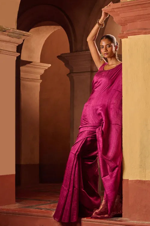 The ICH Bengal Elegance. Handwoven Soft Resham Matka Silk Saree - Berry Wine