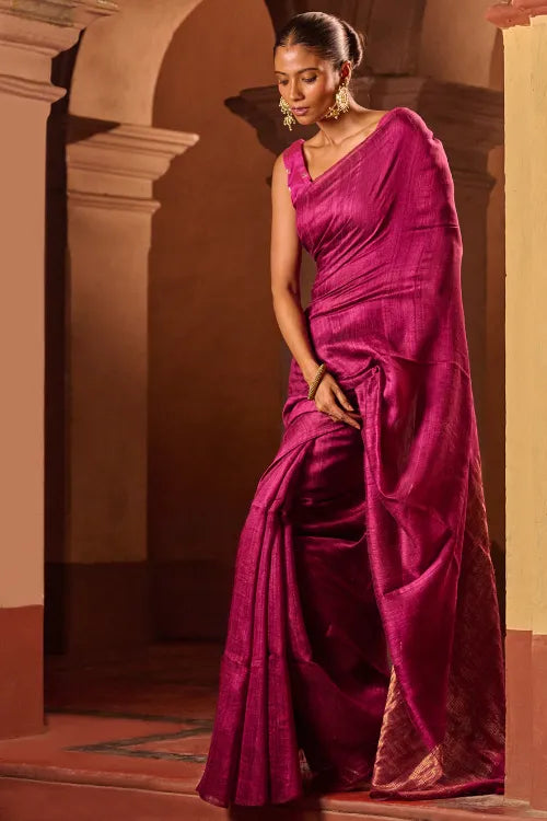 The ICH Bengal Elegance. Handwoven Soft Resham Matka Silk Saree - Berry Wine