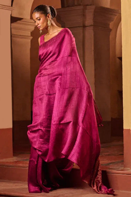 The ICH Bengal Elegance. Handwoven Soft Resham Matka Silk Saree - Berry Wine