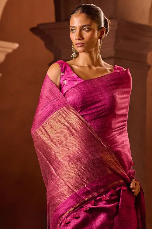 The ICH Bengal Elegance. Handwoven Soft Resham Matka Silk Saree - Berry Wine