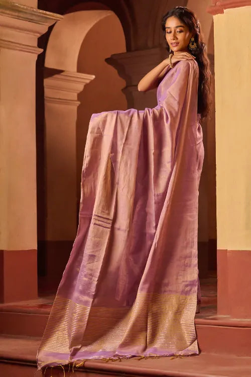 The ICH Bengal Elegance. Handwoven Tissue & Linen Saree - Dusky Mauve