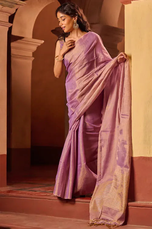 The ICH Bengal Elegance. Handwoven Tissue & Linen Saree - Dusky Mauve