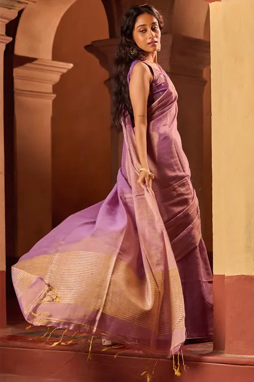 The ICH Bengal Elegance. Handwoven Tissue & Linen Saree - Dusky Mauve