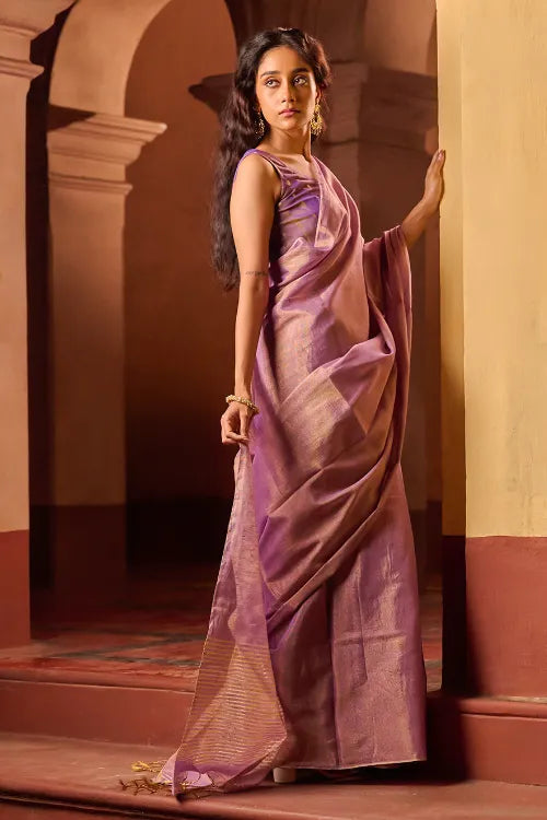 The ICH Bengal Elegance. Handwoven Tissue & Linen Saree - Dusky Mauve
