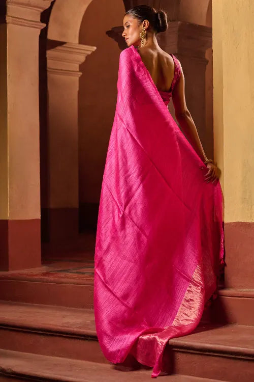The ICH Bengal Elegance. Handwoven Soft Resham Matka Silk Saree - Warm Magenta
