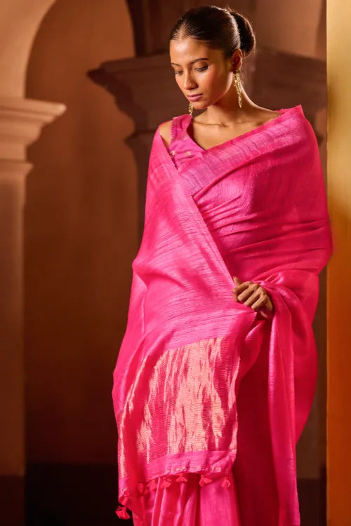 The ICH Bengal Elegance. Handwoven Soft Resham Matka Silk Saree - Warm Magenta