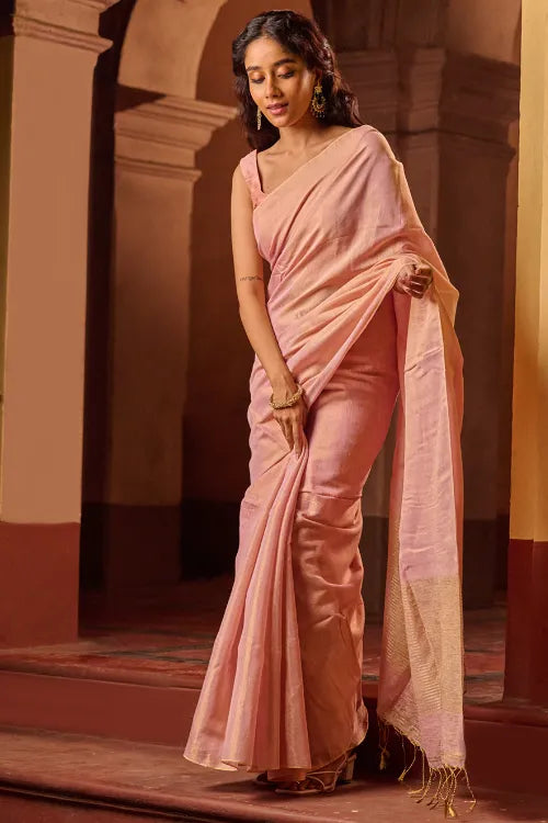 The ICH Bengal Elegance. Handwoven Tissue & Linen Saree - Soft Blush