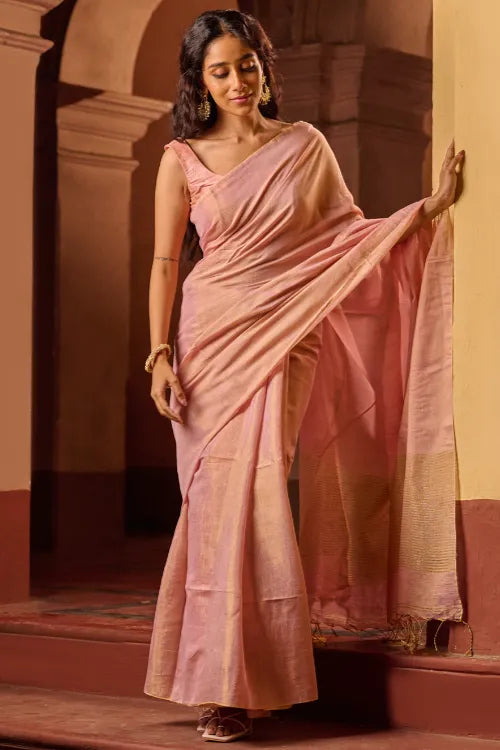 The ICH Bengal Elegance. Handwoven Tissue & Linen Saree - Soft Blush
