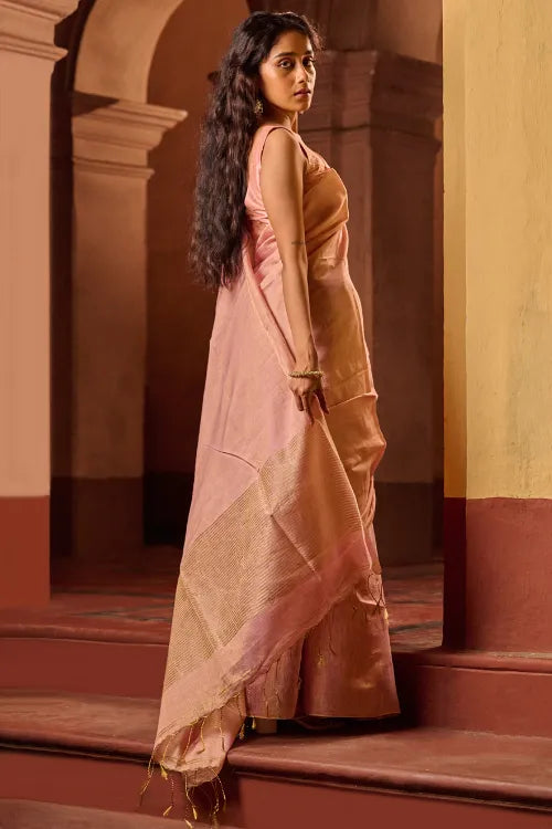 The ICH Bengal Elegance. Handwoven Tissue & Linen Saree - Soft Blush