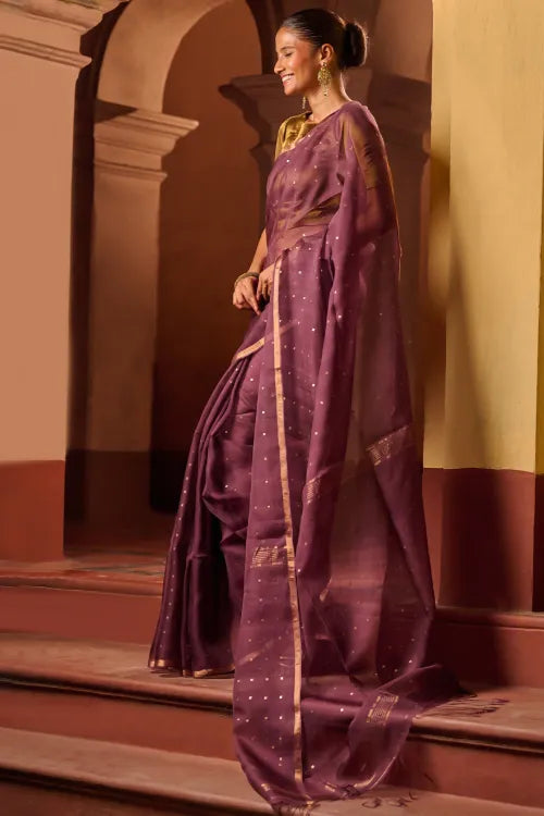 The ICH Bengal Elegance. Handwoven Sequinned Resham Silk Saree - Dusky Grape