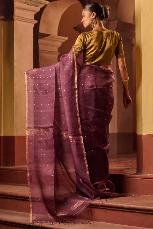 The ICH Bengal Elegance. Handwoven Sequinned Resham Silk Saree - Dusky Grape