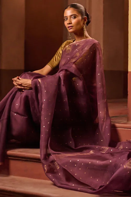 The ICH Bengal Elegance. Handwoven Sequinned Resham Silk Saree - Dusky Grape