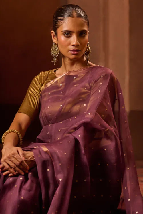 The ICH Bengal Elegance. Handwoven Sequinned Resham Silk Saree - Dusky Grape