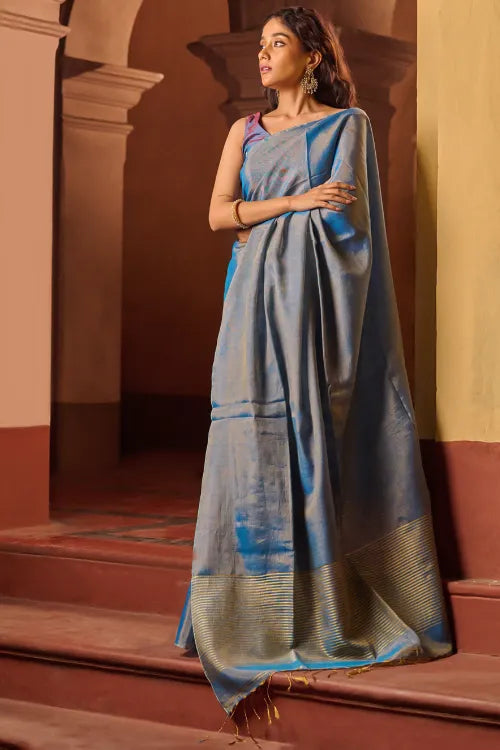 The ICH Bengal Elegance. Handwoven Tissue & Linen Saree - Blue Love