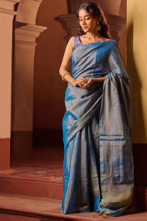 The ICH Bengal Elegance. Handwoven Tissue & Linen Saree - Blue Love