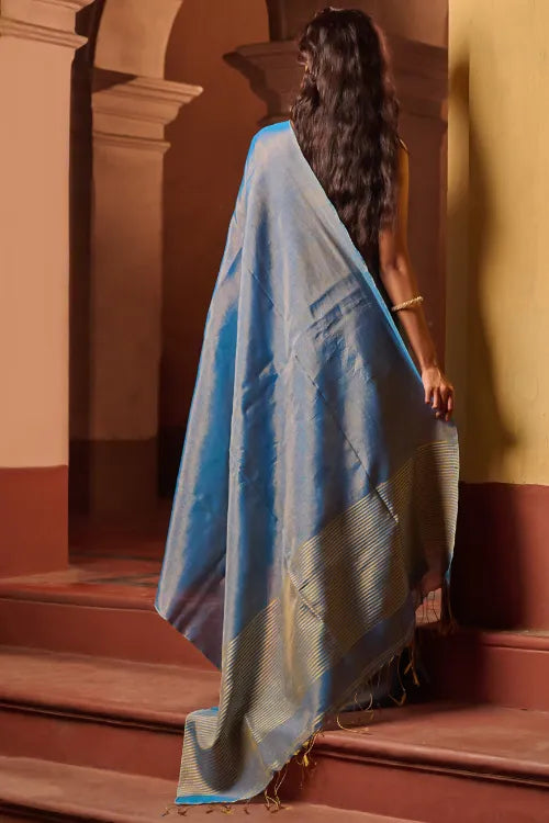 The ICH Bengal Elegance. Handwoven Tissue & Linen Saree - Blue Love