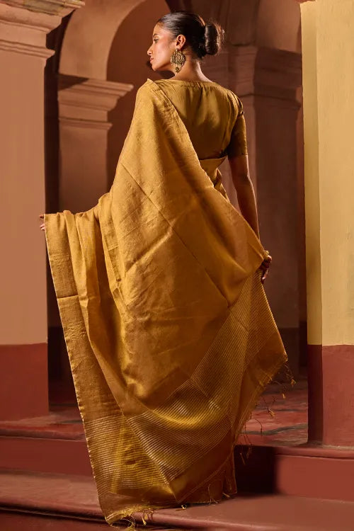 The ICH Bengal Elegance. Handwoven Tissue & Linen Saree - Ochre Gold