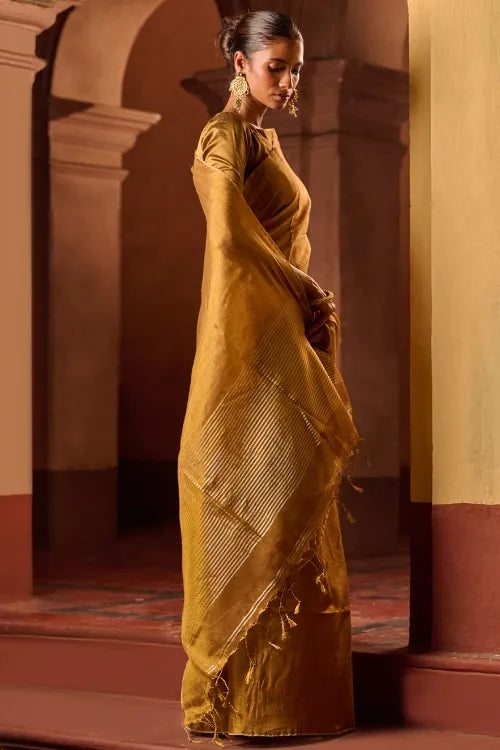 The ICH Bengal Elegance. Handwoven Tissue & Linen Saree - Ochre Gold