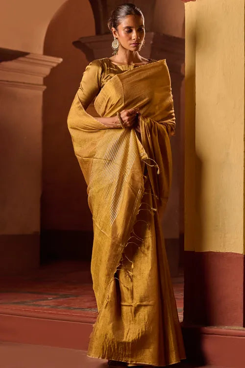 The ICH Bengal Elegance. Handwoven Tissue & Linen Saree - Ochre Gold