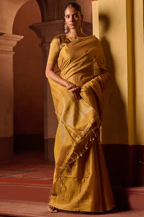 The ICH Bengal Elegance. Handwoven Tissue & Linen Saree - Ochre Gold