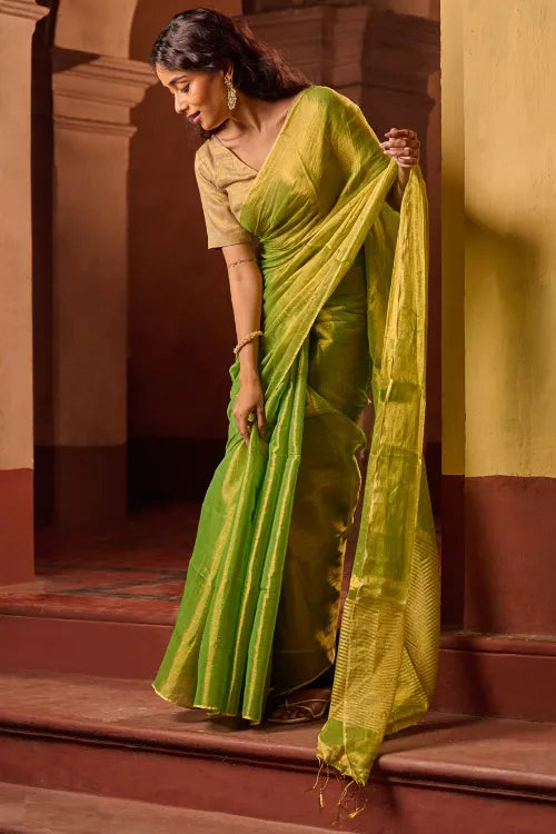 The ICH Bengal Elegance. Handwoven Tissue & Linen Saree - Golden Lime