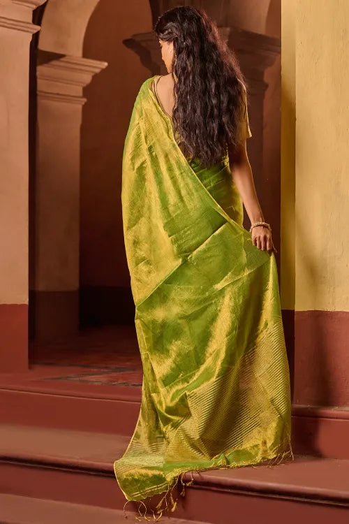 The ICH Bengal Elegance. Handwoven Tissue & Linen Saree - Golden Lime