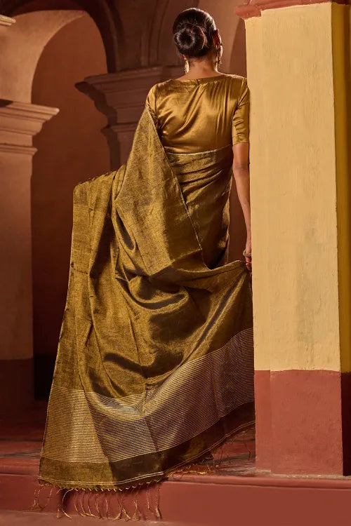 The ICH Bengal Elegance. Handwoven Tissue & Linen Saree - Dusky Bronze