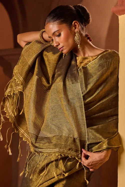 The ICH Bengal Elegance. Handwoven Tissue & Linen Saree - Dusky Bronze