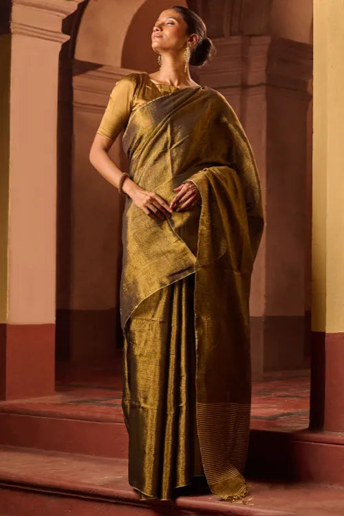 The ICH Bengal Elegance. Handwoven Tissue & Linen Saree - Dusky Bronze