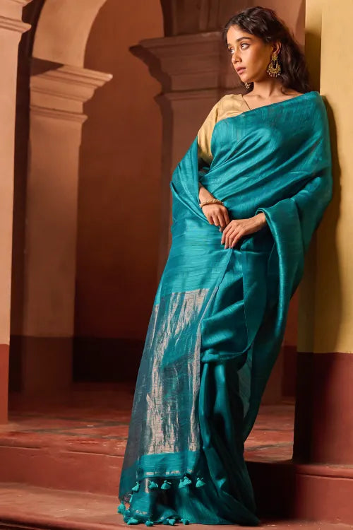 The ICH Bengal Elegance. Handwoven Soft Resham Matka Silk Saree - Peacock Teal