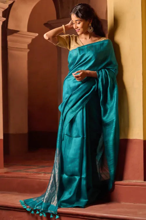 The ICH Bengal Elegance. Handwoven Soft Resham Matka Silk Saree - Peacock Teal