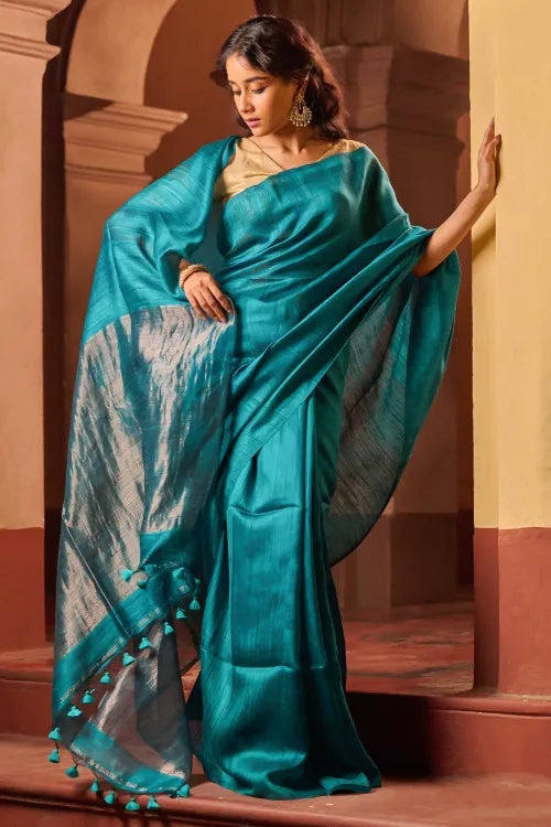 The ICH Bengal Elegance. Handwoven Soft Resham Matka Silk Saree - Peacock Teal