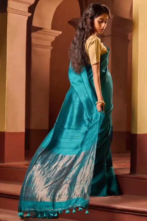 The ICH Bengal Elegance. Handwoven Soft Resham Matka Silk Saree - Peacock Teal
