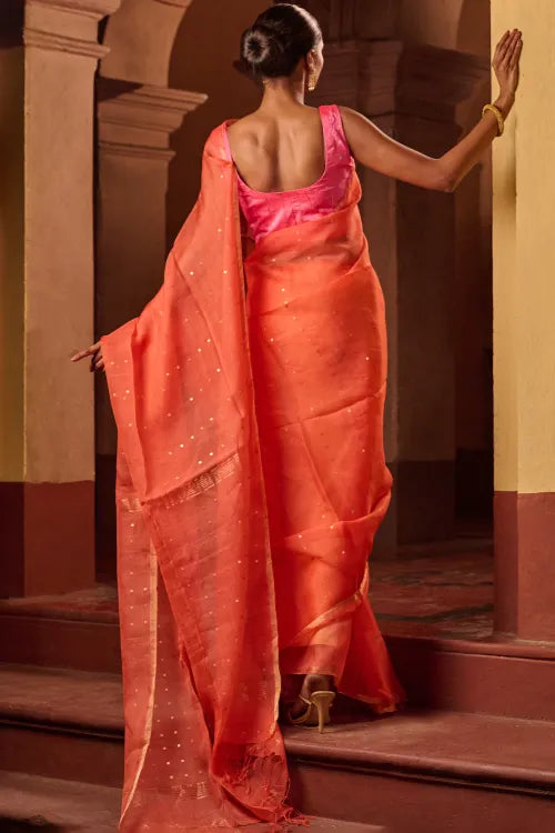 The ICH Bengal Elegance. Handwoven Sequinned Resham Silk Saree - Coral Blush