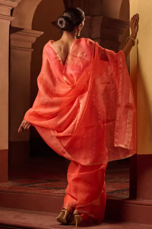 The ICH Bengal Elegance. Handwoven Sequinned Resham Silk Saree - Coral Blush
